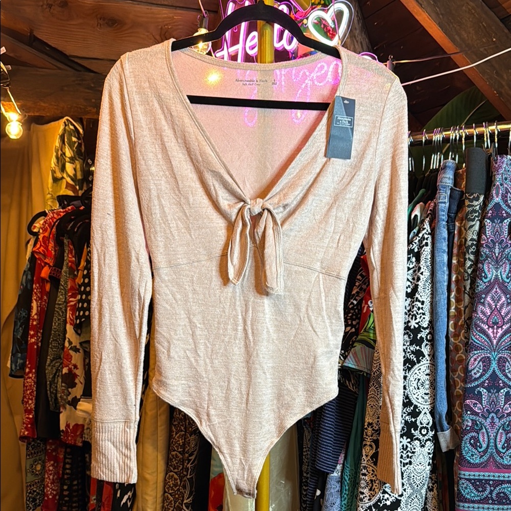 Abercrombie & Fitch Tan Tie Front Long Sleeve Bodysuit